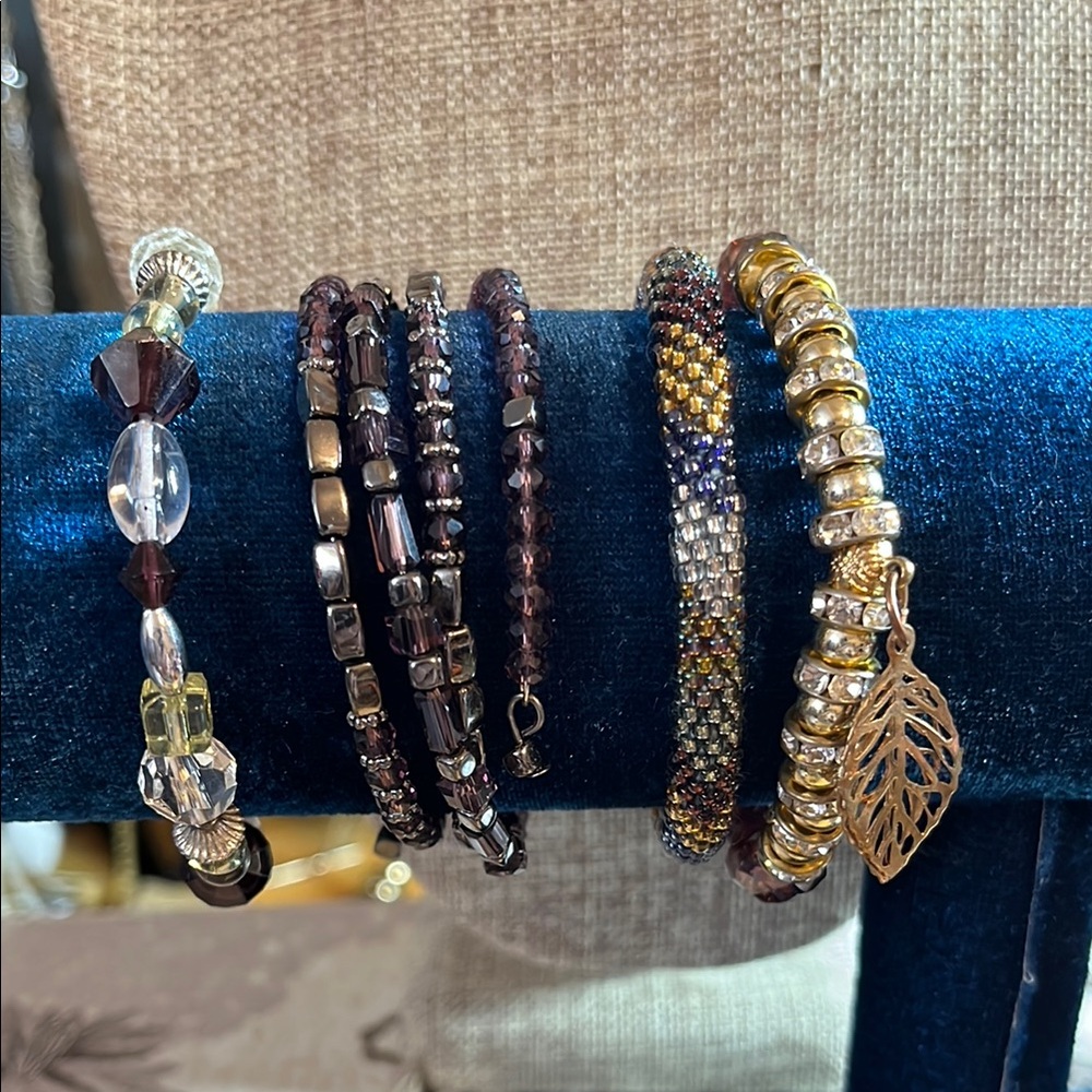 Purple Beaded Bracelet Set with Gold Leaf Charm, 4 pieces, C